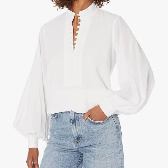 Trina Turk Bianca Blouse Long Balloon Sleeve Half Button Up Women Small White - Picture 8 of 9